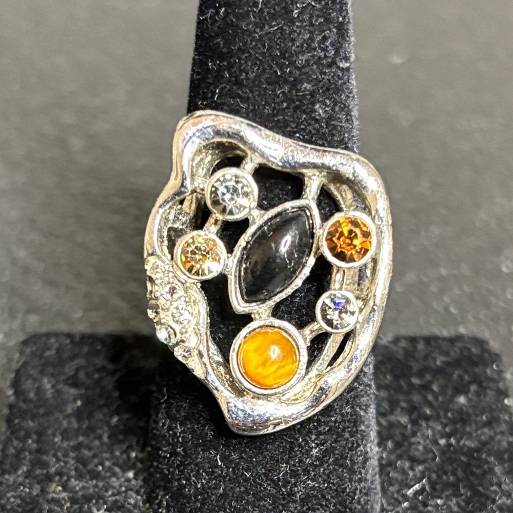 Baltic Amber Silver Ring Mixed Stone Geometric